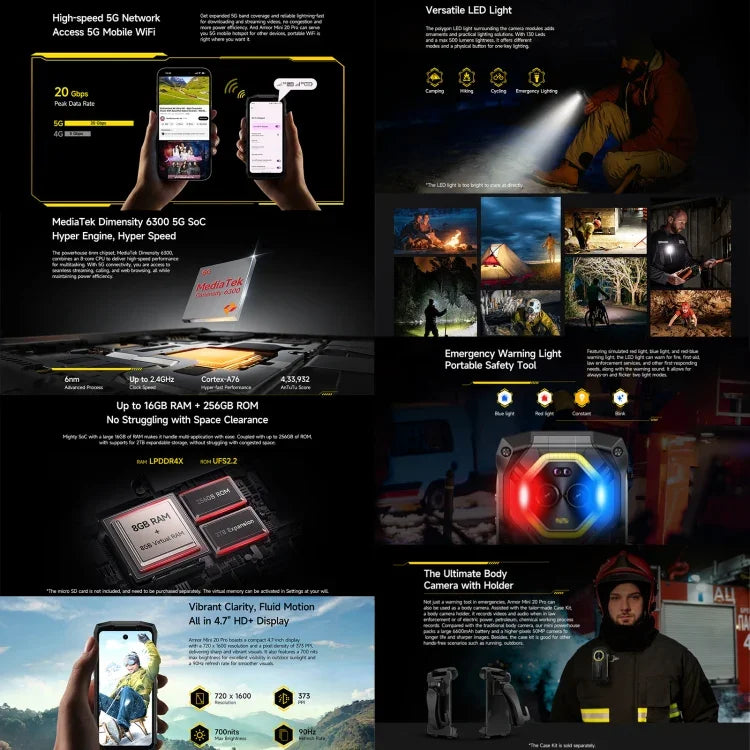 Ulefone Armor Mini 20 Pro, 8 Go + 256 Go, téléphone robuste IP68/IP69K, écran 4,7 pouces, Android 14, processeur octocœur MediaTek Dimensity 6300 5G, réseau : 5G, NFC, OTG, Armor Mini 20 Pro