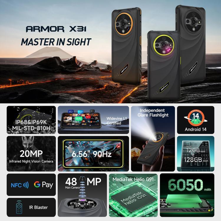 Ulefone Armor X31, 6 Go + 128 Go, vision nocturne, étanche IP68/IP69K, écran 6,56 pouces, Android 14, processeur octa-core MediaTek Helio G91, réseau : 4G, NFC, OTG, Armor X31