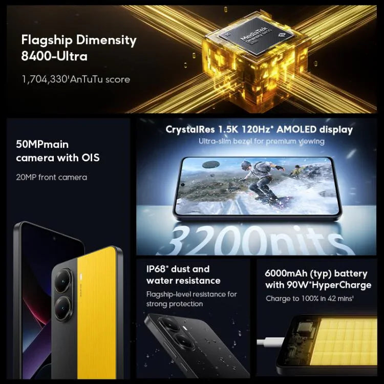 Xiaomi POCO X7 Pro 5G Global, 12 Go + 256 Go, lecteur d'empreintes digitales intégré à l'écran, écran 6,67 pouces, Xiaomi HyperOS 2, processeur MediaTek Dimensity 8400 Ultra Octa Core, NFC, réseau 5G, 12 Go + 256 Go