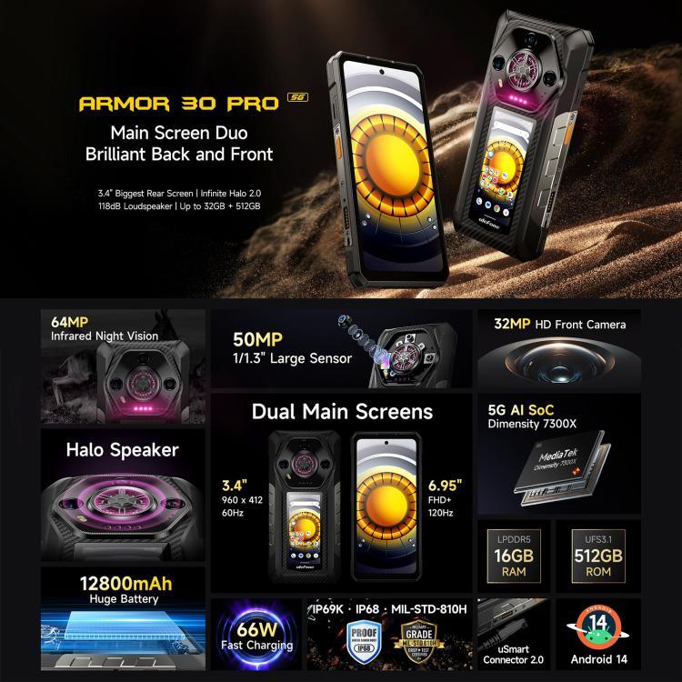 Ulefone Armor 30 Pro, téléphone robuste, 16 Go + 512 Go, vision nocturne, double écran 6,95 pouces + 3,4 pouces, Android 14, processeur octocœur MediaTek Dimensity 7300X, réseau : 5G, OTG, NFC, Armor 30 Pro