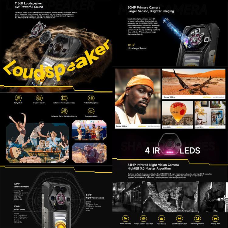 Ulefone Armor 30 Pro, téléphone robuste, 16 Go + 512 Go, vision nocturne, double écran 6,95 pouces + 3,4 pouces, Android 14, processeur octocœur MediaTek Dimensity 7300X, réseau : 5G, OTG, NFC, Armor 30 Pro