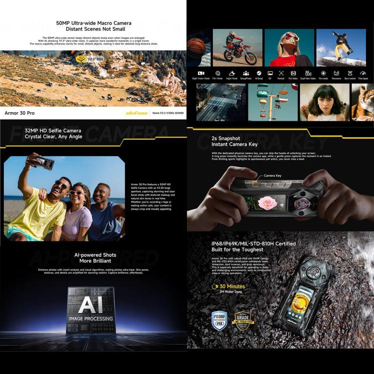 Ulefone Armor 30 Pro, téléphone robuste, 16 Go + 512 Go, vision nocturne, double écran 6,95 pouces + 3,4 pouces, Android 14, processeur octocœur MediaTek Dimensity 7300X, réseau : 5G, OTG, NFC, Armor 30 Pro