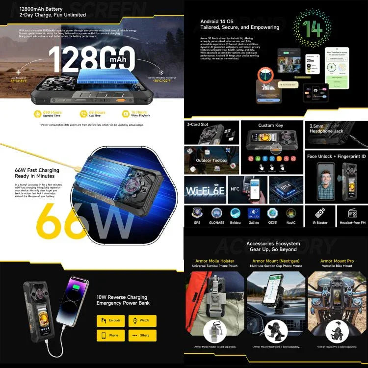 Ulefone Armor 30 Pro, téléphone robuste, 16 Go + 512 Go, vision nocturne, double écran 6,95 pouces + 3,4 pouces, Android 14, processeur octocœur MediaTek Dimensity 7300X, réseau : 5G, OTG, NFC, Armor 30 Pro