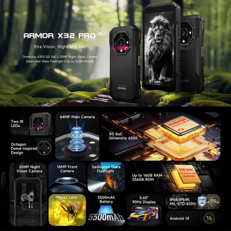 Ulefone Armor X32 Pro 5G, 8 Go + 256 Go, vision nocturne, téléphone robuste IP68/IP69K, Android 14, écran 5,65 pouces, processeur octa-core MediaTek Dimensity 6300, réseau : 5G, NFC, OTG, Armor X32 Pro 5G