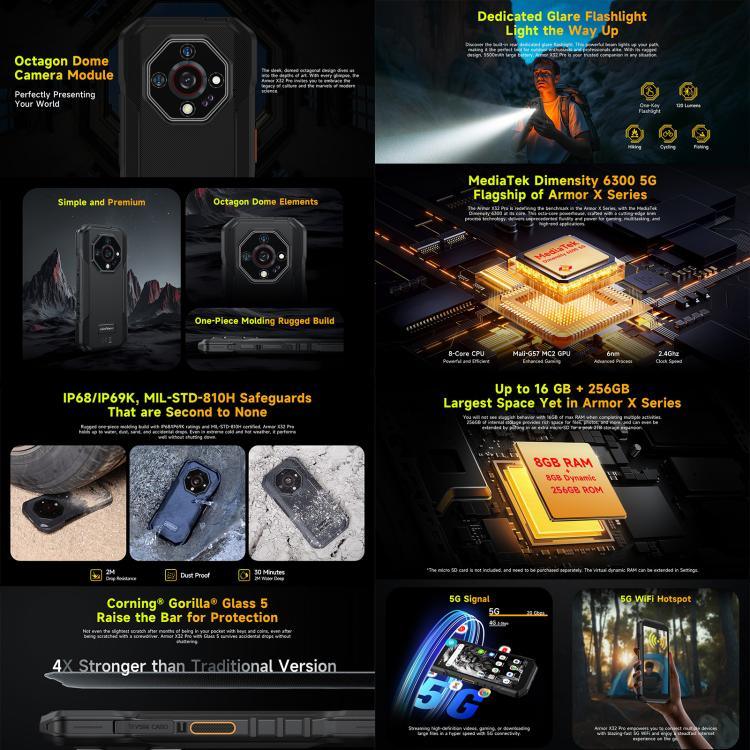 Ulefone Armor X32 Pro 5G, 8 Go + 256 Go, vision nocturne, téléphone robuste IP68/IP69K, Android 14, écran 5,65 pouces, processeur octa-core MediaTek Dimensity 6300, réseau : 5G, NFC, OTG, Armor X32 Pro 5G
