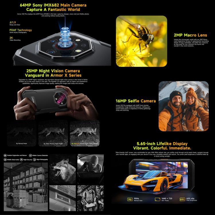 Ulefone Armor X32 Pro 5G, 8 Go + 256 Go, vision nocturne, téléphone robuste IP68/IP69K, Android 14, écran 5,65 pouces, processeur octa-core MediaTek Dimensity 6300, réseau : 5G, NFC, OTG, Armor X32 Pro 5G