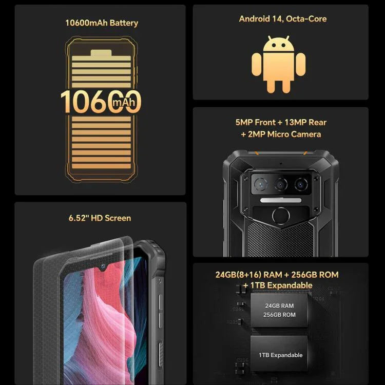 Téléphone durci Oukitel WP23 Plus, 8 Go + 256 Go, Android 14.0 de 6,52 pouces Unisoc T606 Octa-core, NFC, OTG, Réseau : 4G, WP23 Plus 8 Go + 256 Go