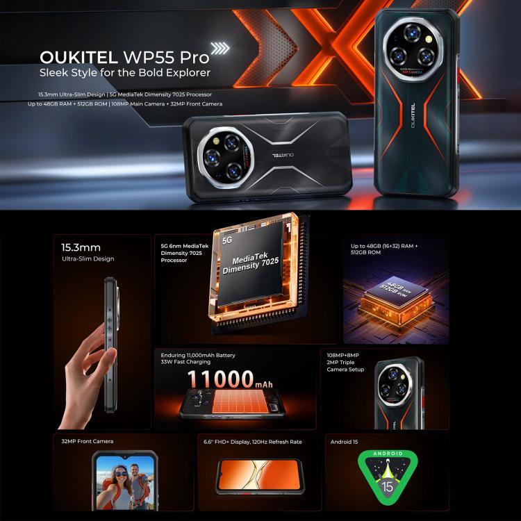 Oukitel WP55 Pro 5G, smartphone robuste, 16 Go + 512 Go, appareil photo 108 Mpx, lecteur d'empreintes digitales, écran 6,6 pouces, Android 15, processeur octa-core MediaTek Dimensity 7025, NFC, OTG, réseau 5G, WP55 Pro