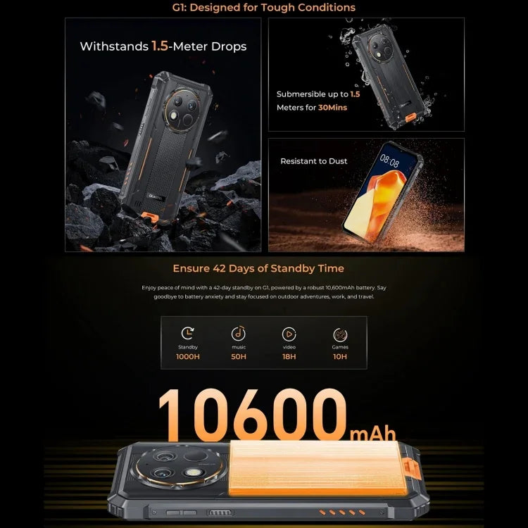 Téléphone robuste Oukitel G1, 6 Go + 256 Go, identification par empreinte digitale, Android 14 6,52 pouces, processeur octa-core T606, NFC, OTG, réseau : 4G