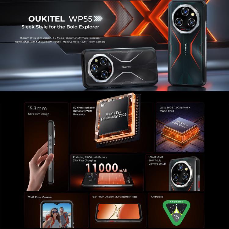 Oukitel WP55 5G, téléphone robuste, 12 Go + 256 Go, appareil photo 108 MP, identification par empreinte digitale, écran 6,6 pouces, processeur octa-core MediaTek Dimensity 7025, NFC, OTG, réseau : 5G, WP55