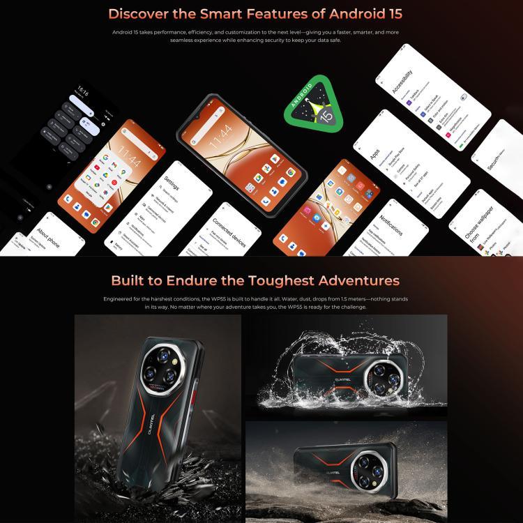 Oukitel WP55 5G, téléphone robuste, 12 Go + 256 Go, appareil photo 108 MP, identification par empreinte digitale, écran 6,6 pouces, processeur octa-core MediaTek Dimensity 7025, NFC, OTG, réseau : 5G, WP55