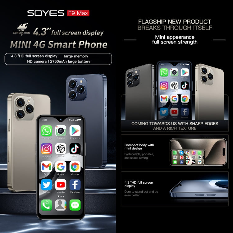 SOYES F9 Max, 4 Go + 64 Go, écran 4,3 pouces, Android 12, processeur octa-core MTK6762, réseau : 4G, OTG, double SIM, 4 Go + 64 Go