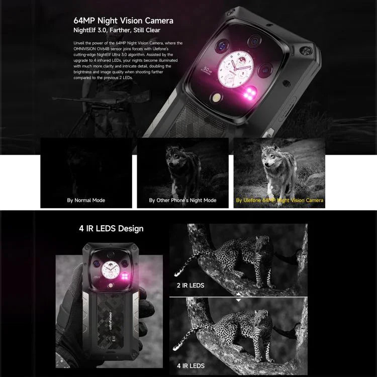 Ulefone Armor 28 Pro, téléphone robuste, 16 Go + 512 Go, vision nocturne, batterie 10 600 mAh, écran 6,67 pouces + 1,04 pouce, Android 15, processeur octa-core MediaTek Dimensity 7300, compatible 5G et NFC.
