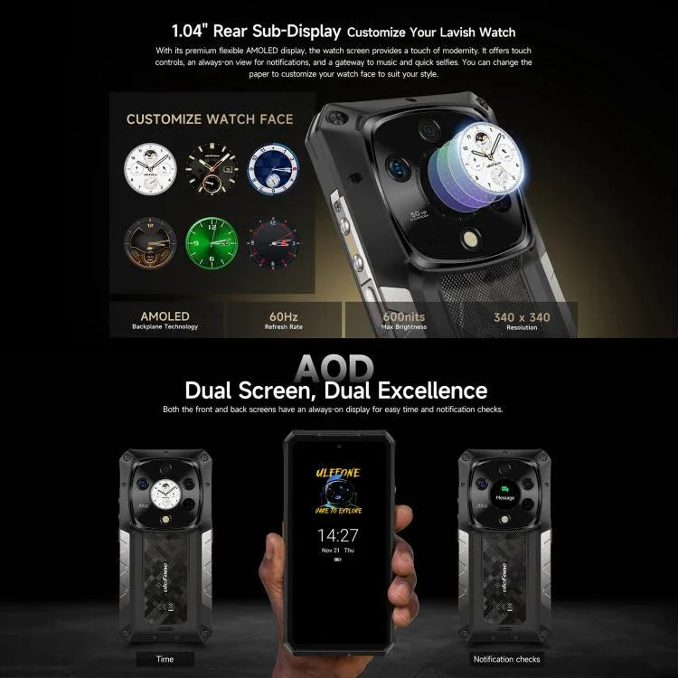 Ulefone Armor 28 Pro, téléphone robuste, 16 Go + 512 Go, vision nocturne, batterie 10 600 mAh, écran 6,67 pouces + 1,04 pouce, Android 15, processeur octa-core MediaTek Dimensity 7300, compatible 5G et NFC.