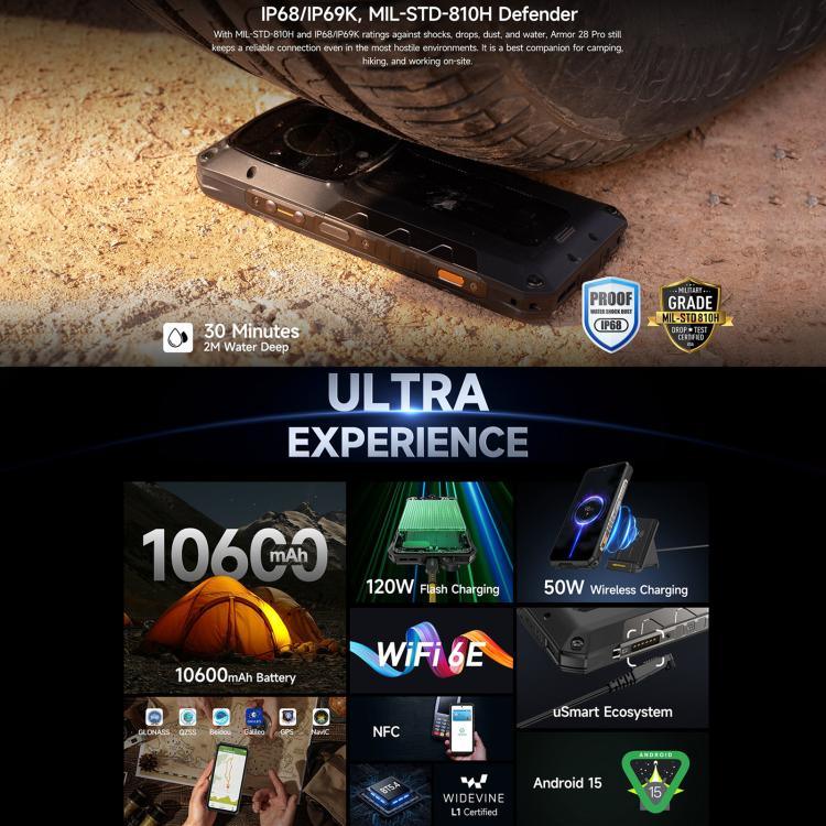 Ulefone Armor 28 Pro, téléphone robuste, 16 Go + 512 Go, vision nocturne, batterie 10 600 mAh, écran 6,67 pouces + 1,04 pouce, Android 15, processeur octa-core MediaTek Dimensity 7300, compatible 5G et NFC.