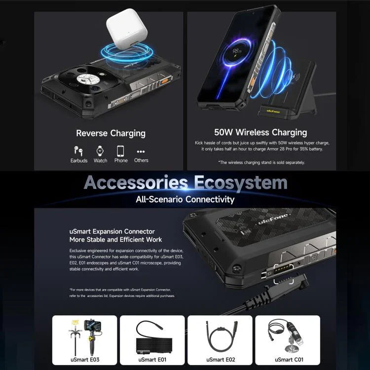 Ulefone Armor 28 Pro, téléphone robuste, 16 Go + 512 Go, vision nocturne, batterie 10 600 mAh, écran 6,67 pouces + 1,04 pouce, Android 15, processeur octa-core MediaTek Dimensity 7300, compatible 5G et NFC.