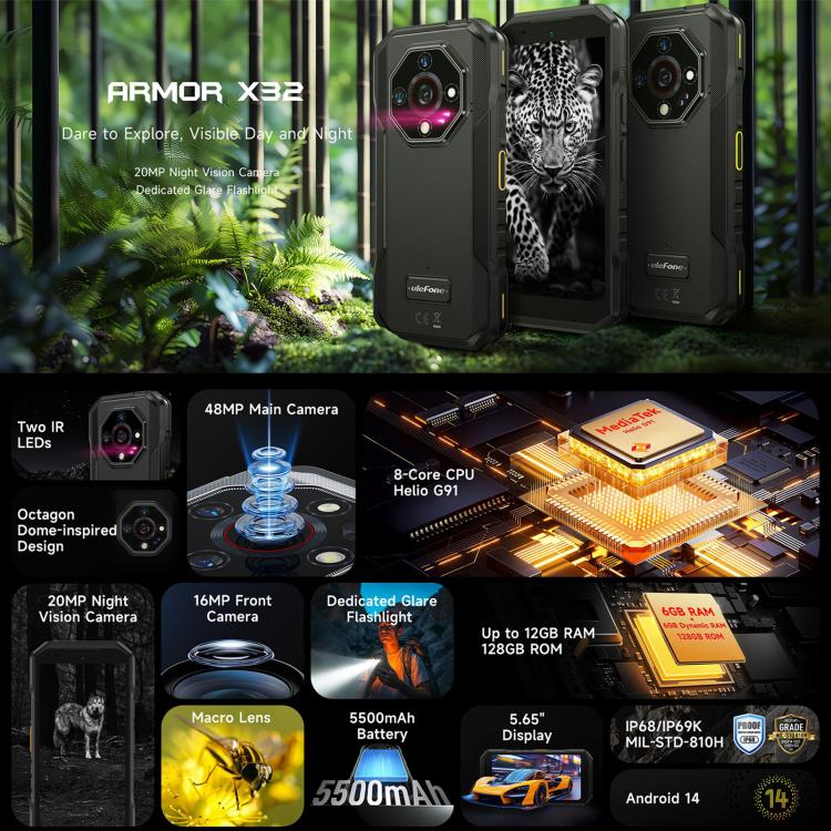 Ulefone Armor X32, téléphone robuste, 8 Go + 256 Go, vision nocturne, écran 5,65 pouces, Android 14, processeur octocœur MediaTek Helio G91, réseau : 4G, NFC, OTG