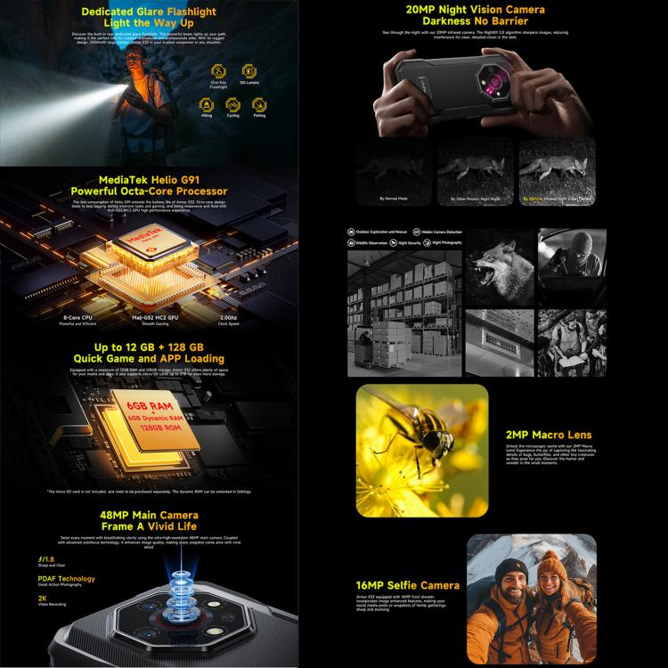Ulefone Armor X32, téléphone robuste, 8 Go + 256 Go, vision nocturne, écran 5,65 pouces, Android 14, processeur octocœur MediaTek Helio G91, réseau : 4G, NFC, OTG