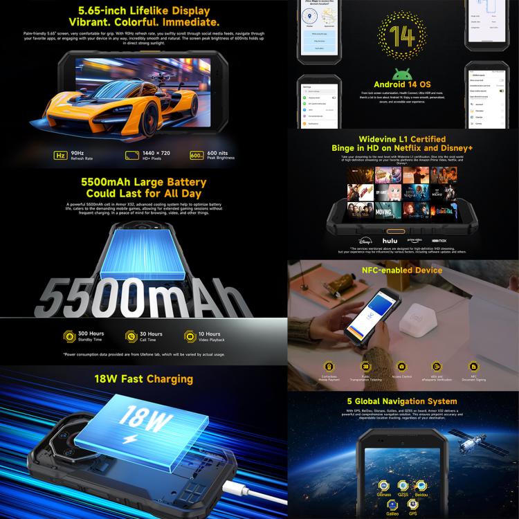 Ulefone Armor X32, téléphone robuste, 8 Go + 256 Go, vision nocturne, écran 5,65 pouces, Android 14, processeur octocœur MediaTek Helio G91, réseau : 4G, NFC, OTG