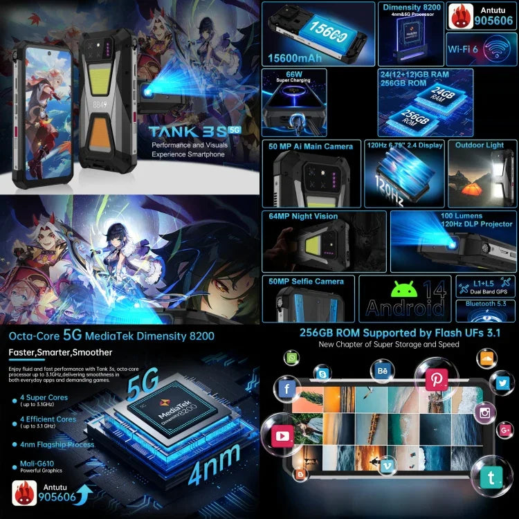 Unihertz 8849 Tank 3S, téléphone robuste avec projecteur de vision nocturne, 12 Go + 256 Go, écran 6,79 pouces, Android 14, processeur octa-core Dimensity 8200, réseau 5G, Tank 3S 12 Go + 256 Go