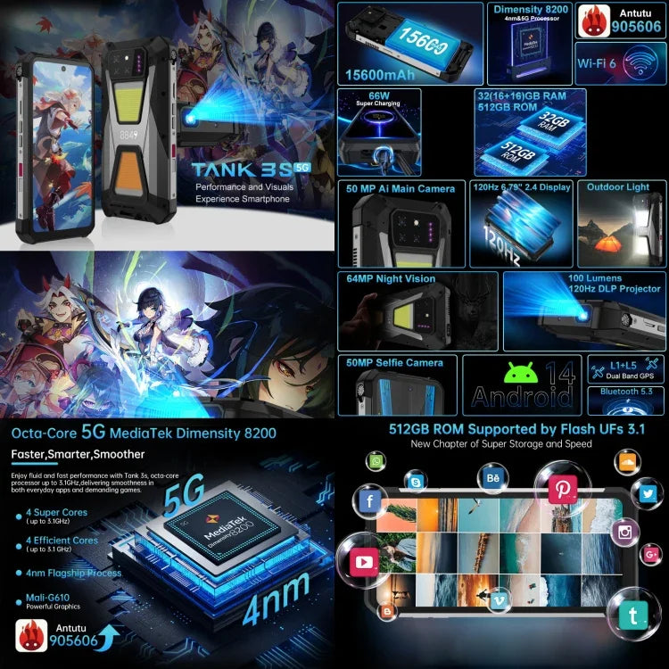 Téléphone durci Unihertz 8849 Tank 3S avec projecteur de vision nocturne, 16 Go + 512 Go, écran 6,79 pouces, Android 14, processeur octa-core Dimensity 8200, compatible 5G.