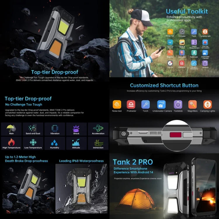 Unihertz 8849 Tank 2 Pro, téléphone robuste avec projecteur de vision nocturne, 12 Go + 256 Go, écran 6,79 pouces, Android 14, processeur octa-core MTK6789, réseau 4G.