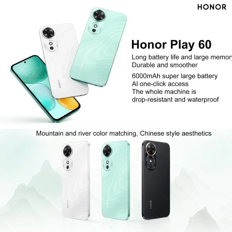 Honor Play 60, 6 Go + 128 Go, lecteur d'empreintes digitales latéral, écran 6,61 pouces, MagicOS 9.0, processeur octocœur Dimensity 6300, réseau : 5G, OTG