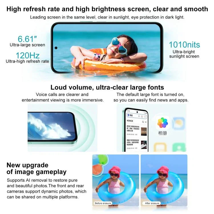 Honor Play 60, 6 Go + 128 Go, lecteur d'empreintes digitales latéral, écran 6,61 pouces, MagicOS 9.0, processeur octocœur Dimensity 6300, réseau : 5G, OTG