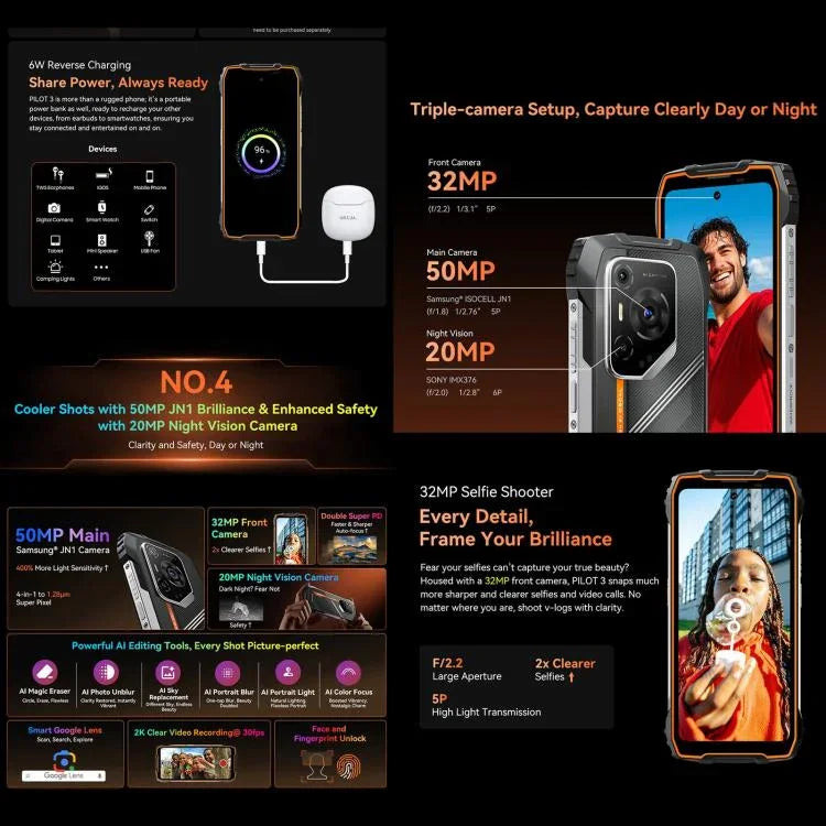 Téléphone robuste Blackview Oscal Pilot 3 5G, 12 Go+256 Go, appareil photo vision nocturne, Android 15 de 6,56 pouces, processeur octa-core MediaTek Dimensity 6300, réseau : 5G, OTG, NFC