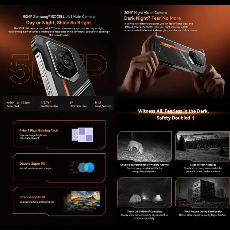 Téléphone robuste Blackview Oscal Pilot 3 5G, 12 Go+256 Go, appareil photo vision nocturne, Android 15 de 6,56 pouces, processeur octa-core MediaTek Dimensity 6300, réseau : 5G, OTG, NFC