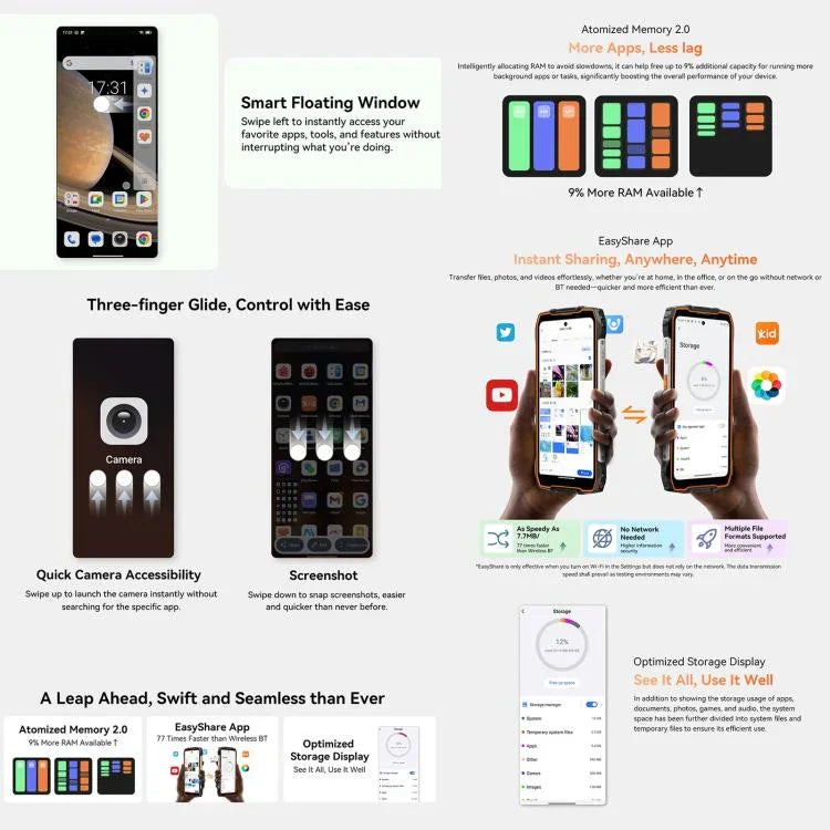 Téléphone robuste Blackview Oscal Pilot 3 5G, 12 Go+256 Go, appareil photo vision nocturne, Android 15 de 6,56 pouces, processeur octa-core MediaTek Dimensity 6300, réseau : 5G, OTG, NFC
