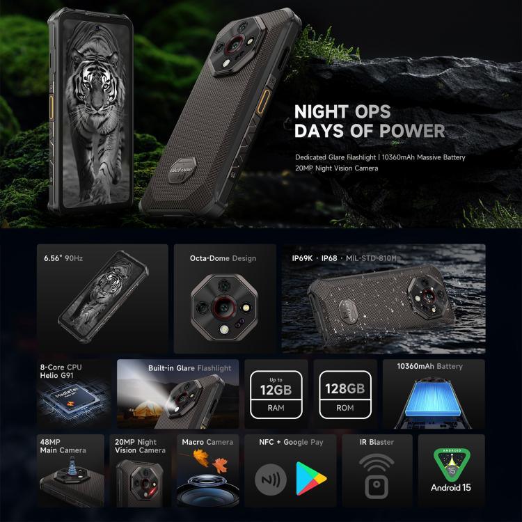Ulefone Armor X16, 6 Go+128 Go, Vision Nocturne, Téléphone Robuste IP68/IP69K, Android 15 de 6,56 pouces MediaTek Helio G91 Octa Core, Réseau : 4G, NFC, OTG, Armor X16, 6 Go+128 Go