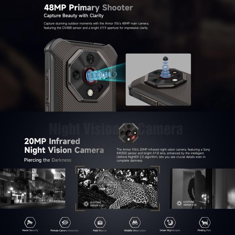 Ulefone Armor X16, 6 Go+128 Go, Vision Nocturne, Téléphone Robuste IP68/IP69K, Android 15 de 6,56 pouces MediaTek Helio G91 Octa Core, Réseau : 4G, NFC, OTG, Armor X16, 6 Go+128 Go