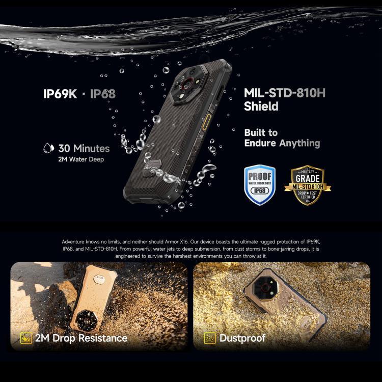 Ulefone Armor X16, 6 Go+128 Go, Vision Nocturne, Téléphone Robuste IP68/IP69K, Android 15 de 6,56 pouces MediaTek Helio G91 Octa Core, Réseau : 4G, NFC, OTG, Armor X16, 6 Go+128 Go