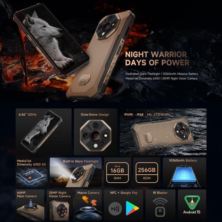 Ulefone Armor X16 Pro, 5 Go + 256 Go, Vision Nocturne, Téléphone Durci IP68/IP69K, Android 15 de 6,56 pouces MediaTek Dimensity 6300 Octa Core, Réseau : 5G, NFC, OTG, Armor X16 Pro, 8 Go + 256 Go