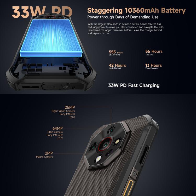 Ulefone Armor X16 Pro, 5 Go + 256 Go, Vision Nocturne, Téléphone Durci IP68/IP69K, Android 15 de 6,56 pouces MediaTek Dimensity 6300 Octa Core, Réseau : 5G, NFC, OTG, Armor X16 Pro, 8 Go + 256 Go
