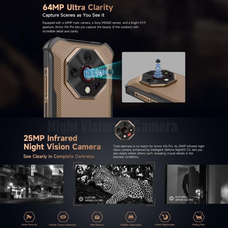 Ulefone Armor X16 Pro, 5 Go + 256 Go, Vision Nocturne, Téléphone Durci IP68/IP69K, Android 15 de 6,56 pouces MediaTek Dimensity 6300 Octa Core, Réseau : 5G, NFC, OTG, Armor X16 Pro, 8 Go + 256 Go