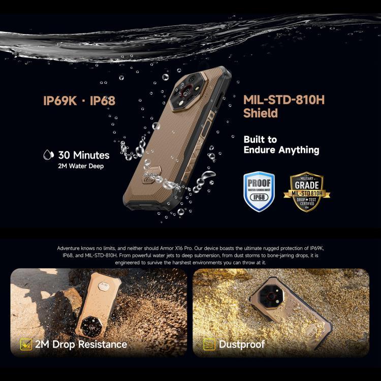 Ulefone Armor X16 Pro, 5 Go + 256 Go, Vision Nocturne, Téléphone Durci IP68/IP69K, Android 15 de 6,56 pouces MediaTek Dimensity 6300 Octa Core, Réseau : 5G, NFC, OTG, Armor X16 Pro, 8 Go + 256 Go