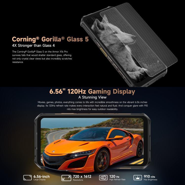 Ulefone Armor X16 Pro, 5 Go + 256 Go, Vision Nocturne, Téléphone Durci IP68/IP69K, Android 15 de 6,56 pouces MediaTek Dimensity 6300 Octa Core, Réseau : 5G, NFC, OTG, Armor X16 Pro, 8 Go + 256 Go