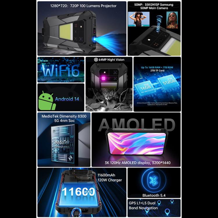 Téléphone robuste Unihertz Tank 4 Pro Projecteur, 16 Go+512 Go, Vision nocturne, Android 13 Dimensity 8300 Octa Core de 6,73 pouces, Réseau: 5G, NFC, 16 Go+512 Go
