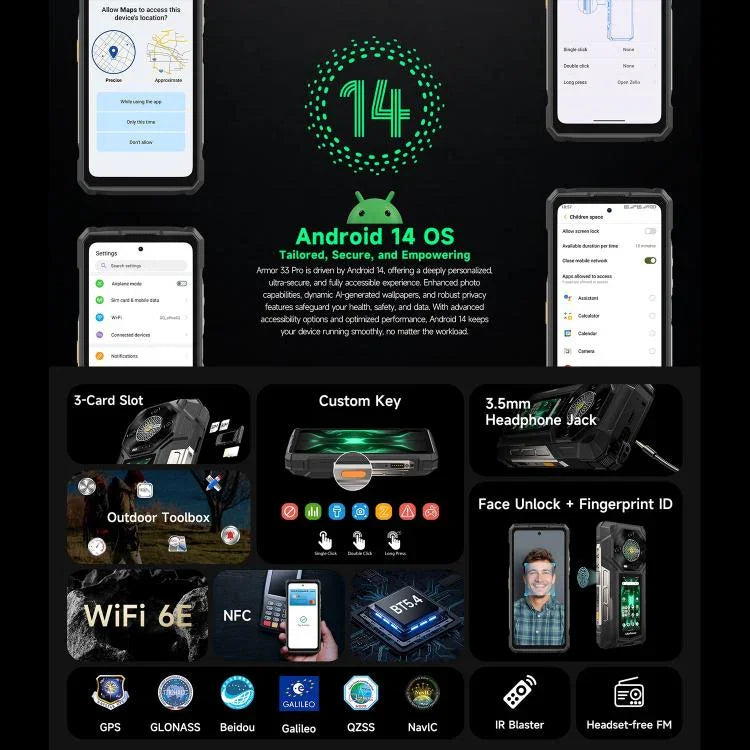 Téléphone Robuste Ulefone Armor 33 Pro, 16 Go+512 Go, Vision Nocturne, Double Écran 6,95 pouces + 3,4 pouces Android 14 MediaTek Dimensity 7300X Octa Core, Réseau : 5G, OTG, NFC, Armor 33 Pro