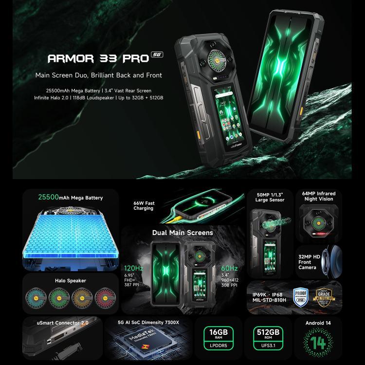 Téléphone Robuste Ulefone Armor 33 Pro, 16 Go+512 Go, Vision Nocturne, Double Écran 6,95 pouces + 3,4 pouces Android 14 MediaTek Dimensity 7300X Octa Core, Réseau : 5G, OTG, NFC, Armor 33 Pro