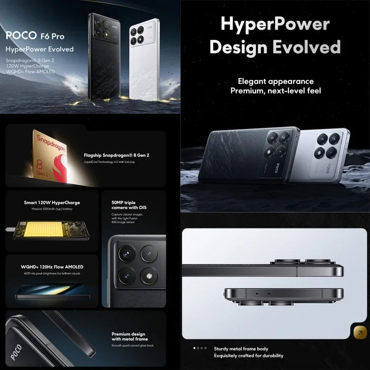 Xiaomi POCO F6 Pro Global, 12 Go + 512 Go, lecteur d'empreintes digitales intégré à l'écran, écran 6,67 pouces, Xiaomi HyperOS, processeur Snapdragon 8 Gen 2 Octa-Core 3,19 GHz, NFC, réseau 5G, 12 Go + 512 Go
