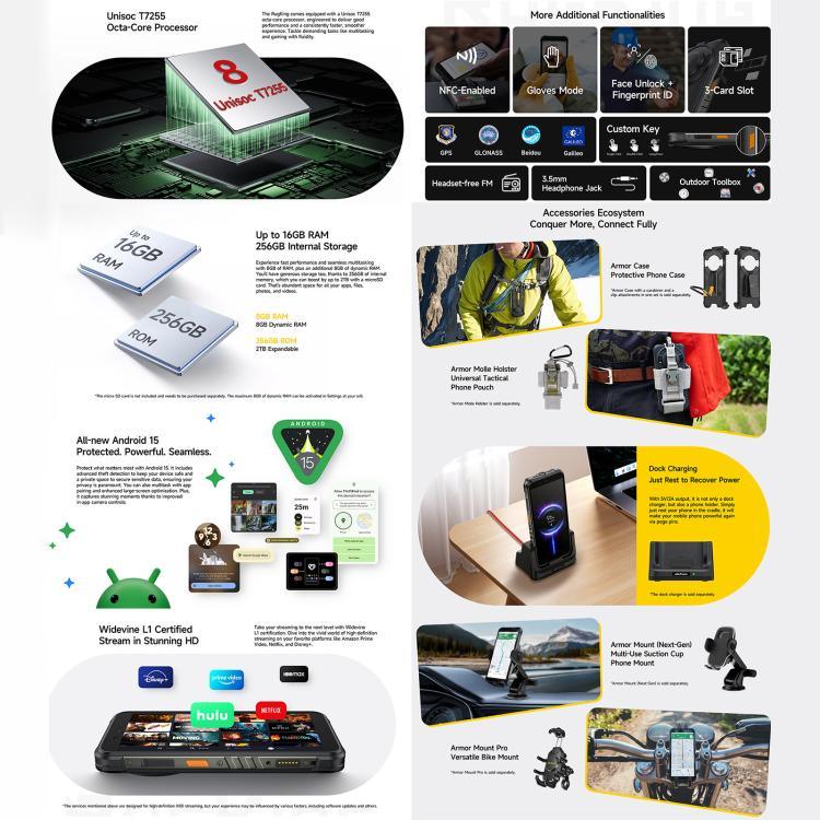 Ulefone RugKing, 8 Go + 256 Go, Téléphone Robuste IP68/IP69K, Android 15 Unisoc T7255 Octa Core 5,99 pouces, Réseau : 4G, NFC, OTG, RugKing, 8 Go + 256 Go