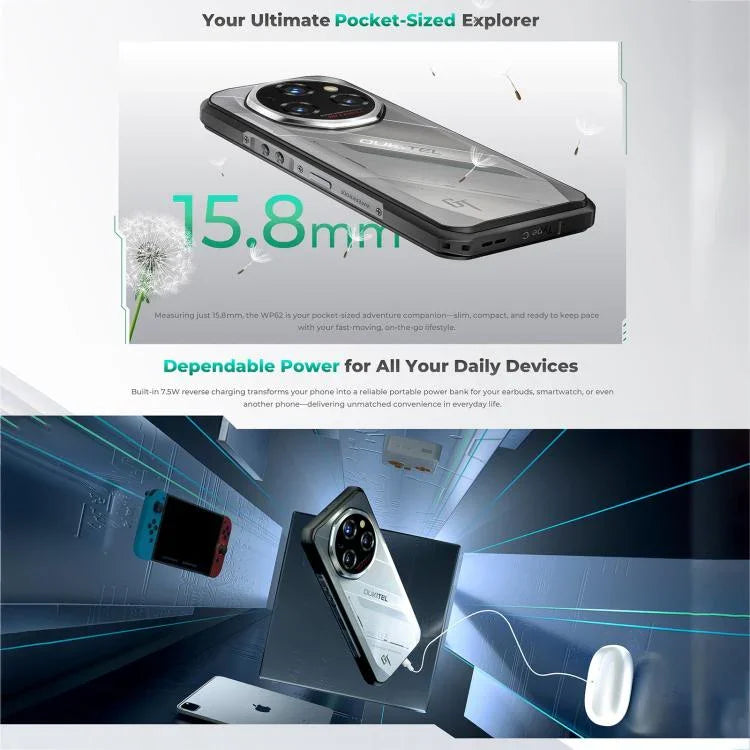 Téléphone durci Oukitel WP62, 12 Go+512 Go, appareil photo 108 MP, identification par empreinte digitale, Android 15 de 6,6 pouces, MediaTek Dimensity 7025 Octa Core, NFC, OTG, Réseau : 5G, 12 Go+512 Go