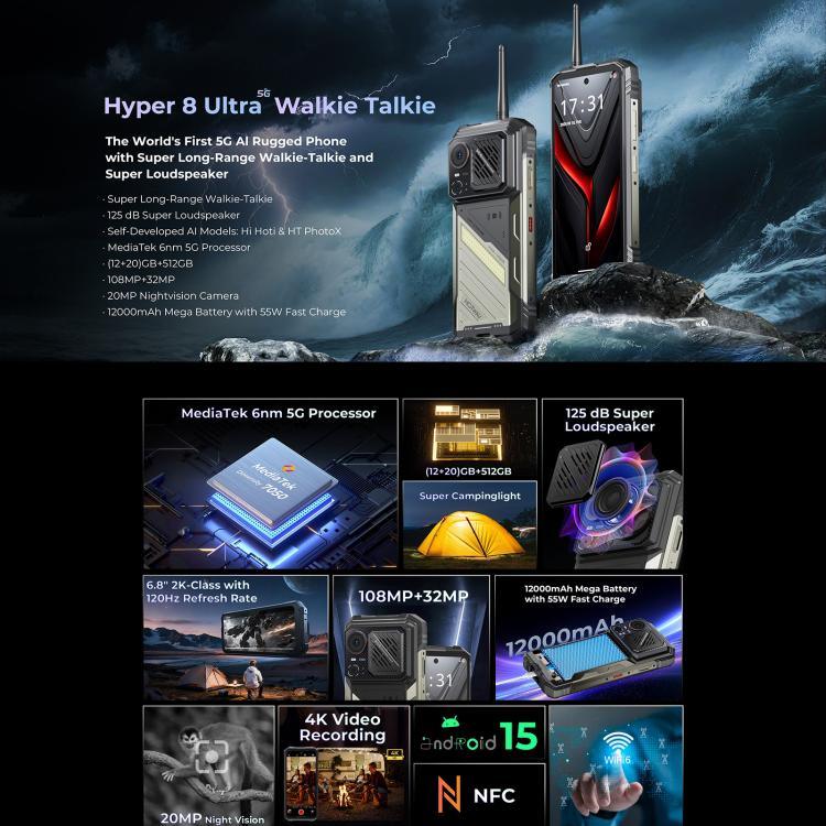 Téléphone robuste HOTWAV Hyper 8 Ultra Talkie-walkie, 12 Go+512 Go, Android 15 de 6,8 pouces, MediaTek MT8791 Dimensity 7055 Octa Core, Réseau : 5G, OTG, NFC, Hyper 8 Ultra
