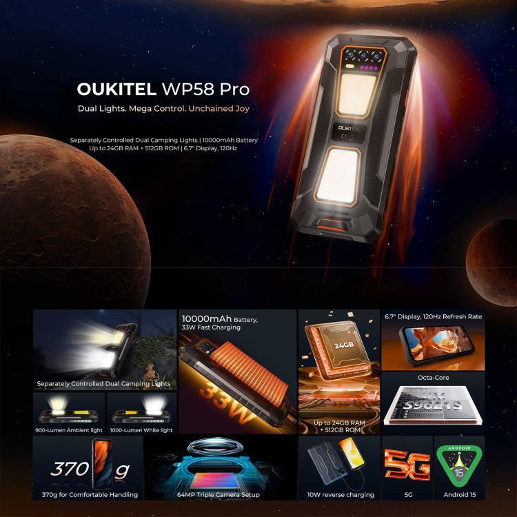 Téléphone robuste Oukitel WP58 Pro, 8 Go + 512 Go, identification latérale par empreinte digitale, 6,7 pouces Android 15 UMS9621S Octa Core, NFC, OTG, Réseau : 5G, 8 Go + 512 Go