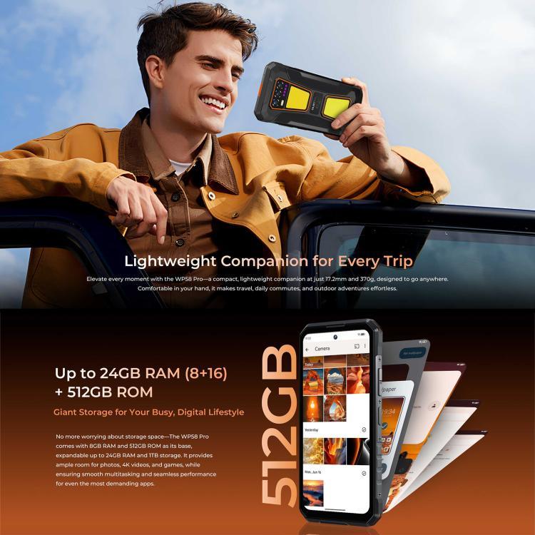 Téléphone robuste Oukitel WP58 Pro, 8 Go + 512 Go, identification latérale par empreinte digitale, 6,7 pouces Android 15 UMS9621S Octa Core, NFC, OTG, Réseau : 5G, 8 Go + 512 Go