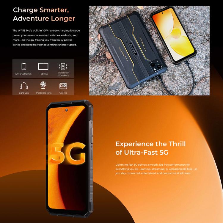 Téléphone robuste Oukitel WP58 Pro, 8 Go + 256 Go, identification par empreinte digitale latérale, Android 15 UMS9621S Octa Core de 6,7 pouces, NFC, OTG, Réseau : 5G, 8 Go + 256 Go