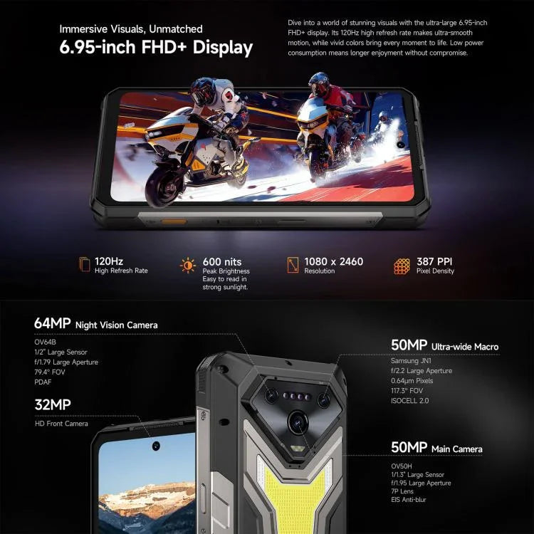 Ulefone Armor 34+, 16 Go+512 Go, Vision Nocturne, Téléphone Durci IP68/IP69K, 6,95 pouces Android 15 MediaTek Dimensity 7400X Octa Core, Réseau : 5G, NFC, OTG, Armor 34+